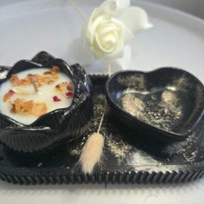 Bougie Plateau Fantaisie « Coeur » – Set Trio en Plâtre Pailleté - Bougie artisanale Bougies Fleuries faite main en Sud-Gironde (3)