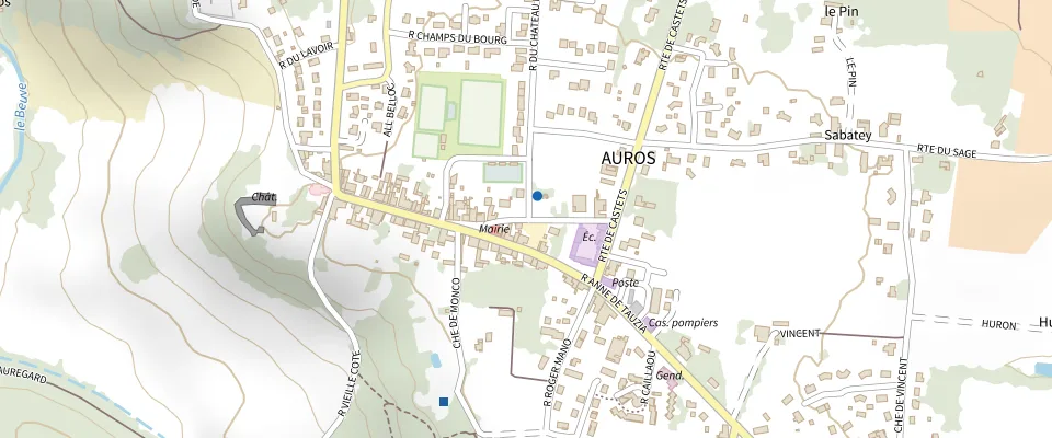 Plan du quartier : Place des Platanes et salle des fêtes, Auros