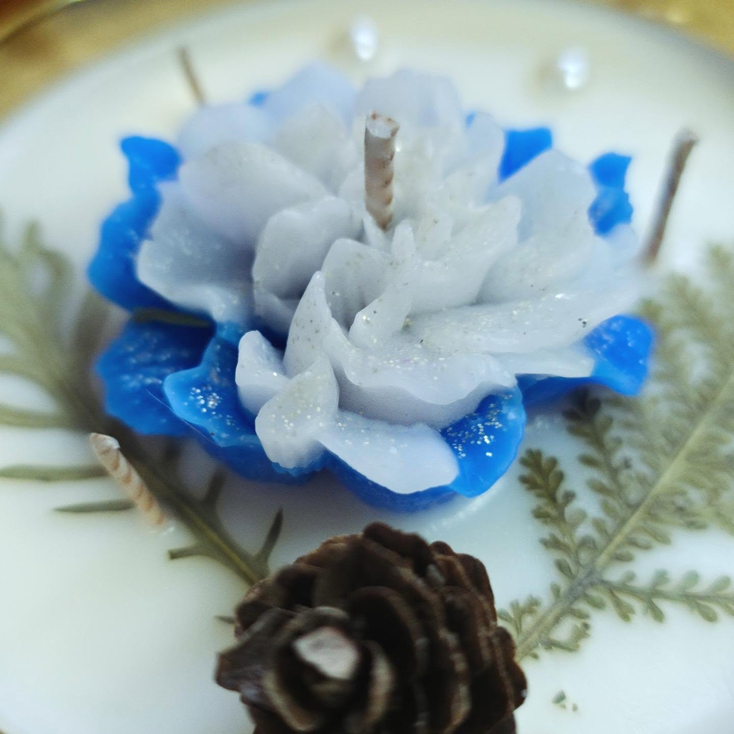 Bougie Givre Doré, fleur bleue et fougères séchées (2)